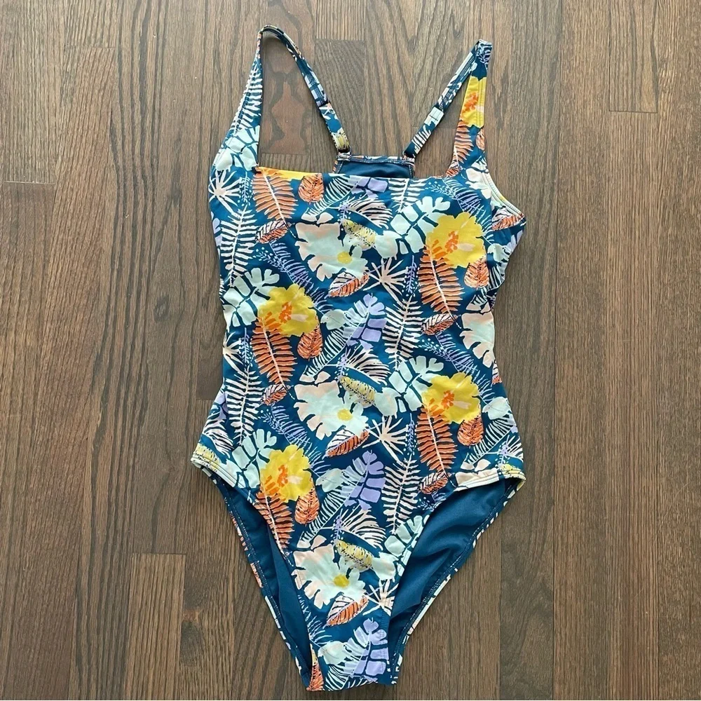 NWT Currents Swimwear, Squareneck Tanksuit Regular Deepwater Blue Multi Fern